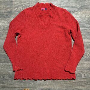 Ava Large Red Scalloped Hem Long Sleeve Sweater Ribbed V Neck Soft Preppy Twee